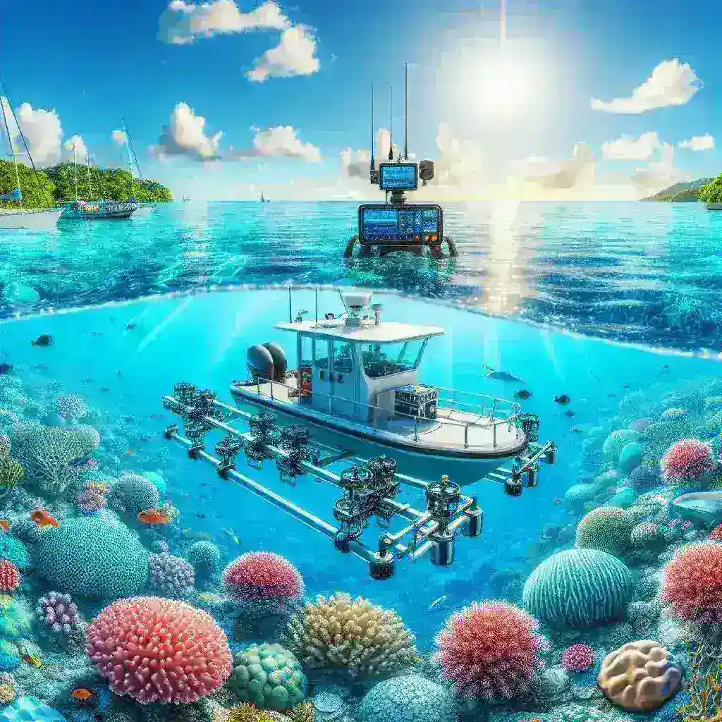 "Drone monitoring the coral reef conditions in a marine tourism area, showcasing automated surveillance technology for coral conservation and environmental protection."