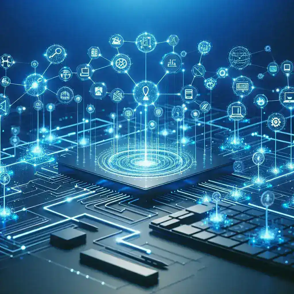 "Ilustrasi pengembangan platform digital untuk integrasi supply chain di industri nasional, menampilkan diagram alur dan kolaborasi antar sistem yang mendukung efisiensi logistik."