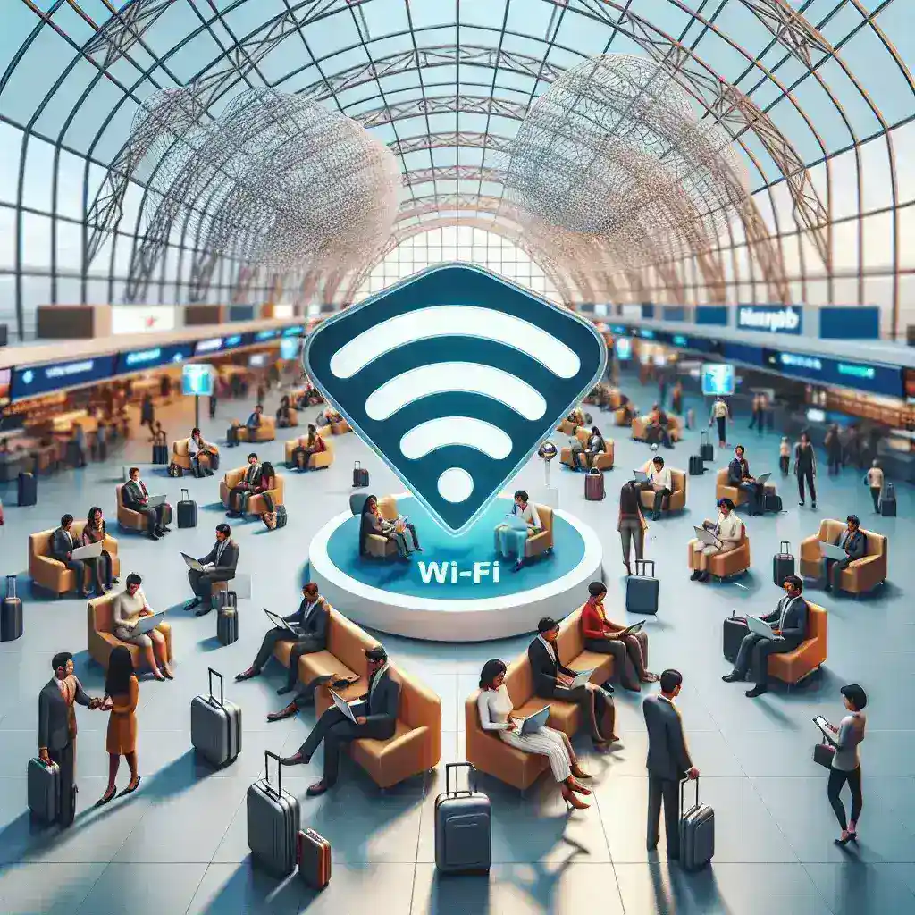 "Mejoras en Wi-Fi público en aeropuertos de Indonesia con seguridad reforzada, ilustrando nuevas instalaciones y tecnología avanzada."